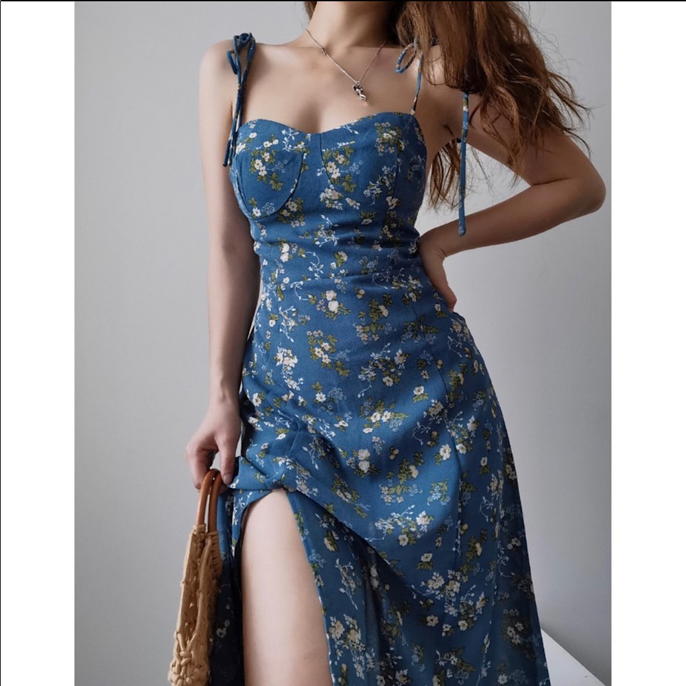 Sexy Split, Slim Chic, Vintage Blue Floral Print Women Dress